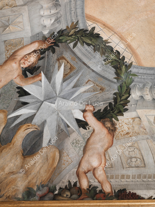 Stella araldica Altieri entro una corona vegetale sostenuta da putti e aquila - L'Apoteosi di Romolo, particolare