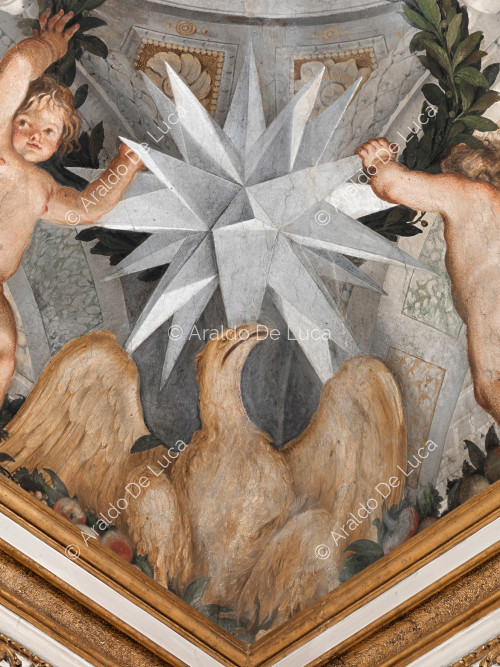 Étoiles héraldique Altieri dans une couronne végétale soutenue par angelots et aigle - L'Apothéose de Romulus, partculier