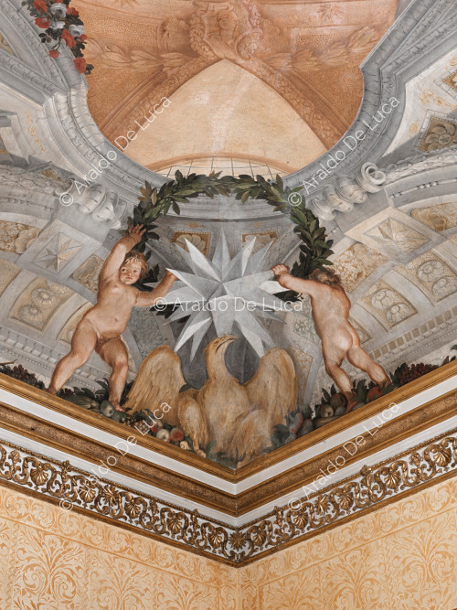 Star heraldry Altieri within a plant crown supported by cherubss and eagle  - The Apotheosis of Romulus, detail