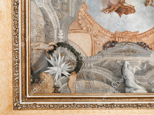 Detail of the frescoed ceiling of the Hall of Romulus - The Apotheosis of Romulus, detail
