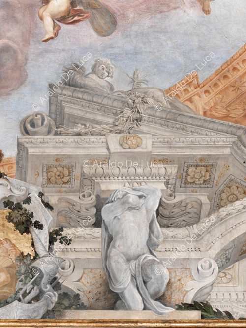 Marco arquitectónico y decorativo con la alegoría de la Primavera y Atlas - La Apoteosis de Romulus, particular
