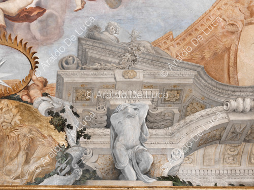 Cornice architettonico-decorativa con allegoria della Primavera e Atlante - L'Apoteosi di Romolo, particolare
