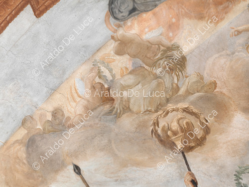 Cherub with laurel crown, cherub with rush crown, Tiberinus, constellation of Gemini and Cancer - The Apotheosis of Romulus, detail