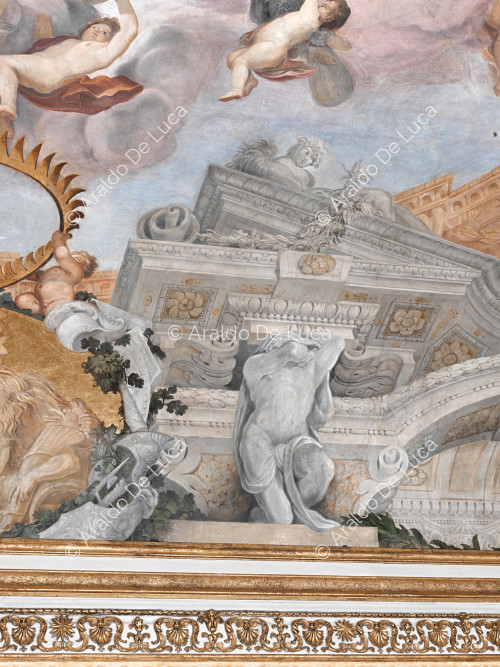 Marco arquitectónico y decorativo con la alegoría de la Primavera, Atlas y amorcillos - La Apoteosis de Romulus, particular
