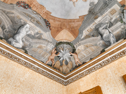 Detail of the frescoed ceiling of the Hall of Romulus - The Apotheosis of Romulus, detail