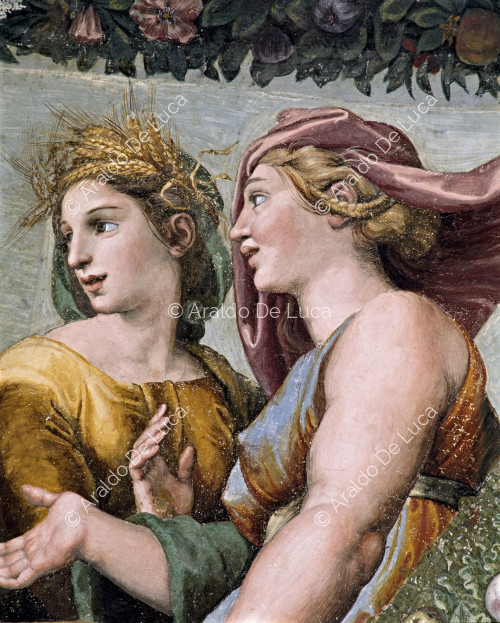 Ceres and Juno. Detail of the lunette ' Venus in conversation with Ceres and Juno ' Loggia of Psyche