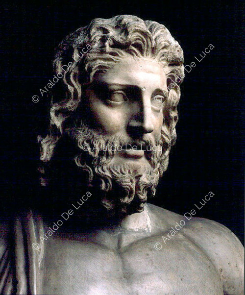 Büste des Zeus, bekannt als Jupiter des Tals. Detail des Gesichts