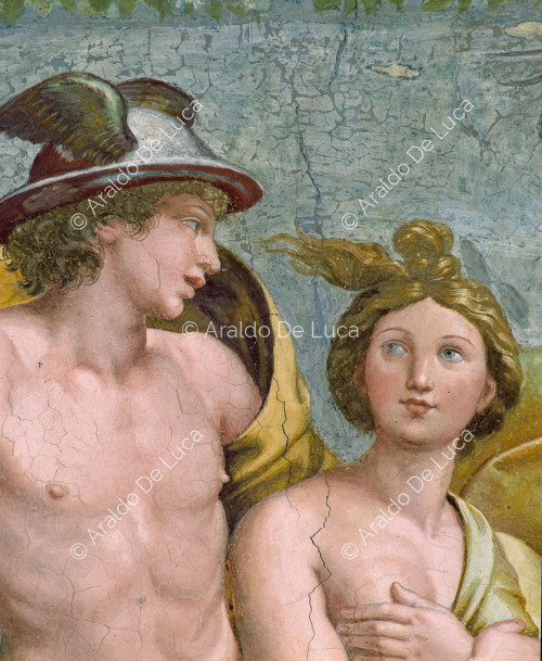 ' Mercury accompanies Psyche to Olympus ' Detail of the lunette. Loggia of Psyche.