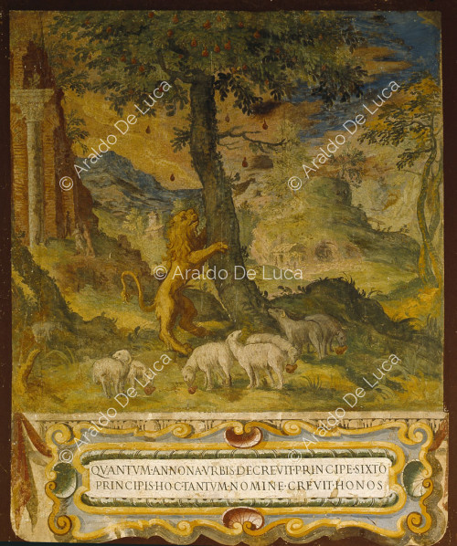 Paesaggio con leone e pecore