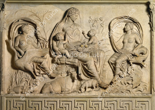 Tellus with two nymphs on either side symbolising air and water