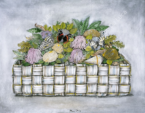 Basket of flowers, shells and butterflies