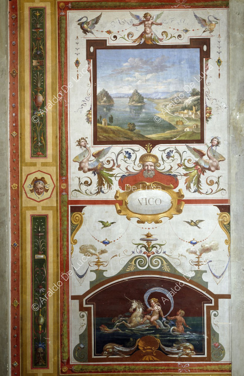 Wall decorated with a view and putti