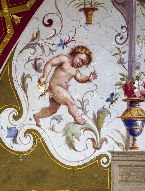 Lunette decoration with view of Ronciglione. Detail with Putto with butterfly