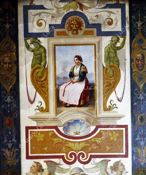 Wand mit einer Frau in einem Kostüm aus dem Königreich der beiden Sizilien. Ausschnitt