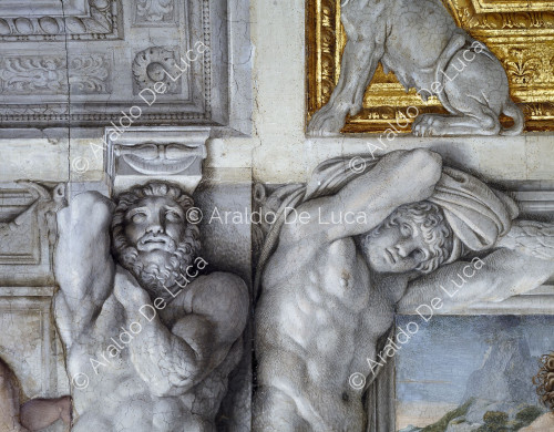Carracci Gallery.  Fresco of the Vault. Telamons in monochrome imitation stuccoes