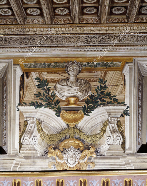 Painting of an antique bust amidst festoons, volutes and masks