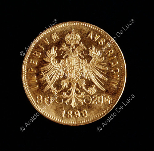 Austrian shield superimposed on a double crowned eagle, 8 florins or 20 gold francs of Franz Joseph I of Austria