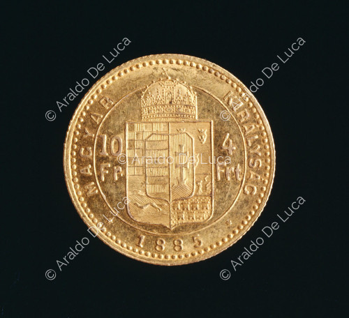 Escudo de Hungría coronado por la corona de San Andrés, 4 florines austriacos o 10 francos de oro de Francisco José I de Austria