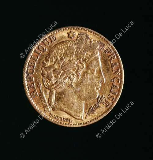 Lorbeerkopf der Göttin Caere, 10 Francs in Gold der Zweiten Französischen Republik