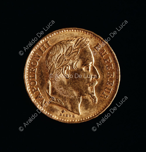 Tête laurée de Napoléon III, Marengo français 20 Francs or de Napoléon III de la Monnaie de Strasbourg