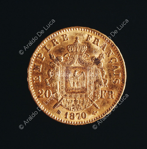French ornate shield, French Marengo 20 Francs in gold of Napoleon III of the Strasbourg mint