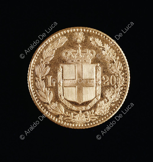 Wappen von Savoyen, goldener Marengo von 20 Lire von Umberto I. aus der Münze von Rom