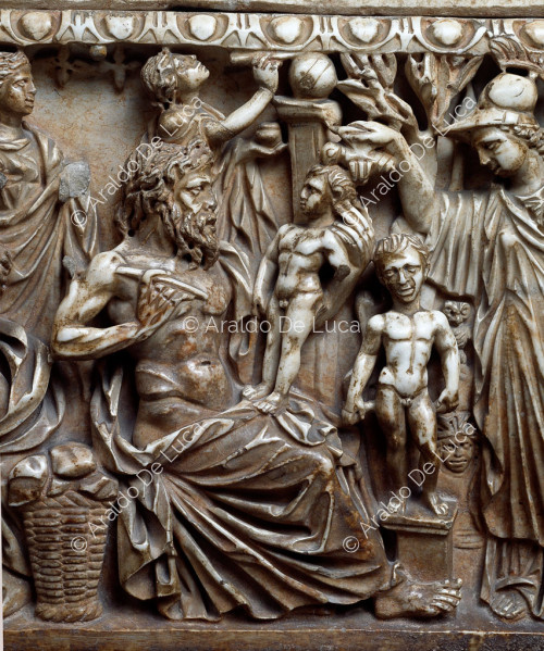 Child's sarcophagus with the myth of Prometheus. Detail