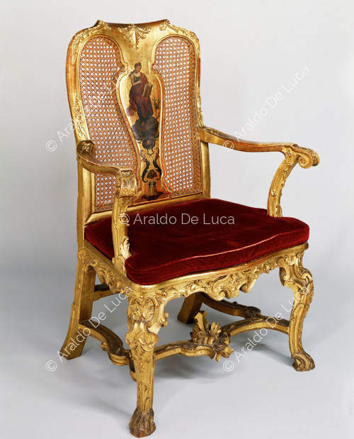 Inlaid, painted and gilded wooden armchair