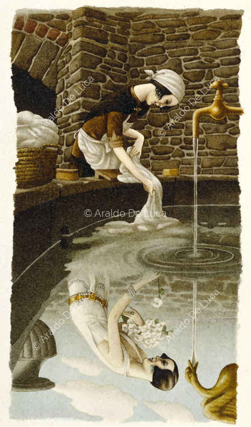 Cinderella washes clothes at the spring