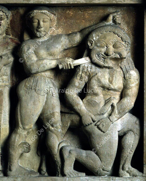 Perseus killing Medusa in the presence of Athena