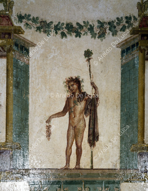 Haus von Julius Polybius. Oecus mit Fresken im Stil der IV. Detail mit Dionysos