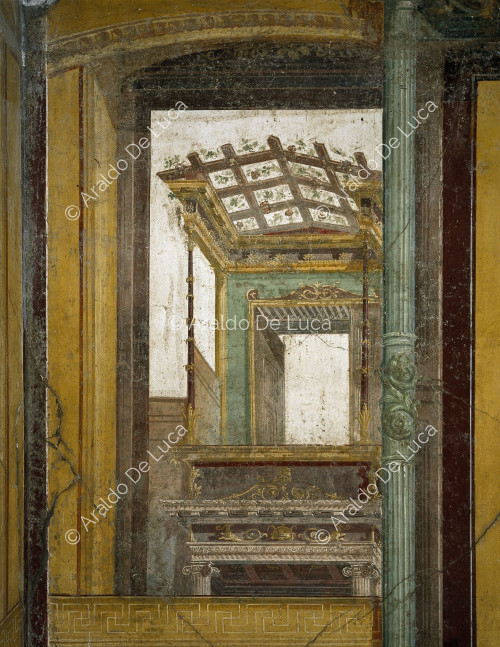 House of the Vettii. Oecus with frescoes in the IV style. Detail with architectural decoration