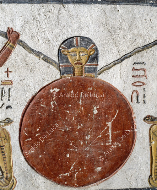 Book of the Earth: solar disk with serpent and Hathor's head