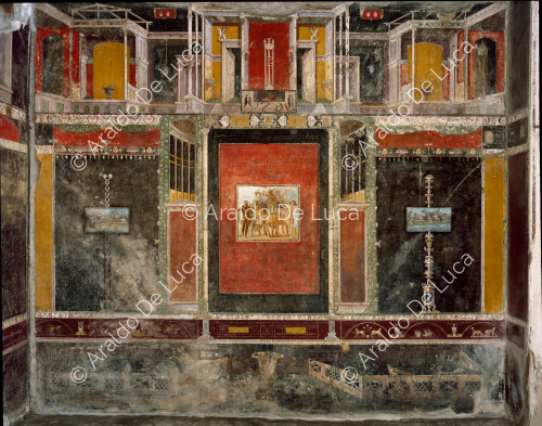 Haus des Marcus Lucretius Fronton. Tablinus. Fresko mit dem Triumph des Bacchus.
