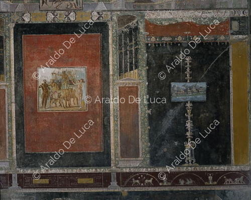 Maison de Marcus Lucretius Fronton. Tablinus. Fresque avec le triomphe de Bacchus. Détail