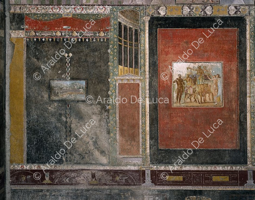 Maison de Marcus Lucretius Fronton. Tablinus. Fresque avec le triomphe de Bacchus. Détail