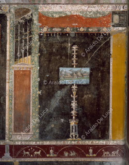 Maison de Marcus Lucretius Fronton. Tablinus. Fresque avec pinacles. Détail