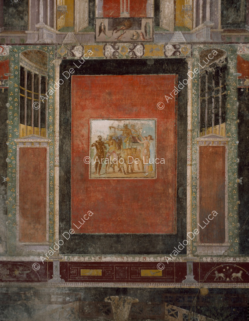 Maison de Marcus Lucretius Fronton. Tablinus. Fresque avec le triomphe de Bacchus