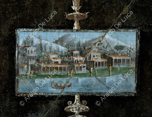 Maison de Marcus Lucretius Fronton. Tablinus. Fresque avec pinacles. Détail