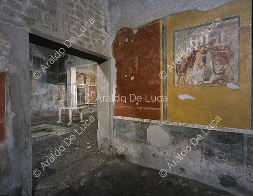 Haus des Marcus Lucretius Fronton. Triclinium. Fresko mit der Tötung des Neoptolemus