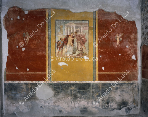 Maison de Marcus Lucretius Fronton. Triclinium. Fresque avec la mise à mort de Néoptolème