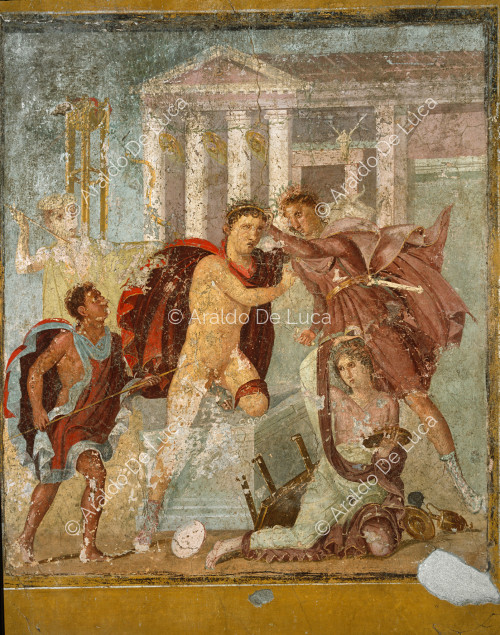 Haus des Marcus Lucretius Fronton. Triclinium. Fresko mit der Tötung des Neoptolemus. Ausschnitt