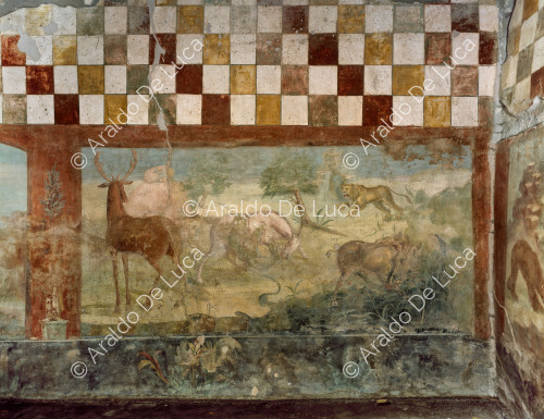 Haus des Marcus Lucretius Fronton. Peristyl. Fresko mit wilden Tieren. Ausschnitt