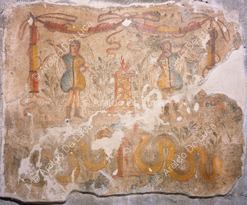 Bakery of Popidius Priscus. Lararium. Fresco with two Lari