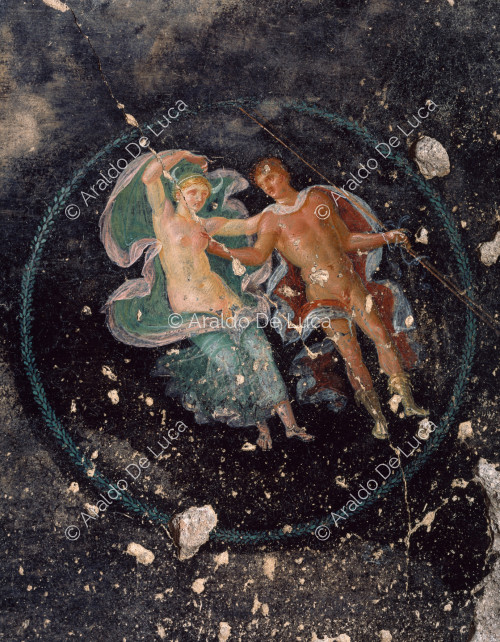 Haus der Casti Amanti. Triclinium. Fresko mit Merkur und Diana