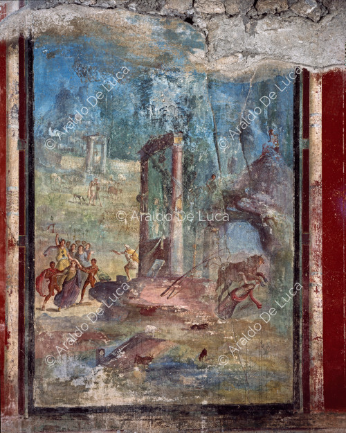 House of Julius Polybius. Triclinium. Fresco with Supplizio di Dirce