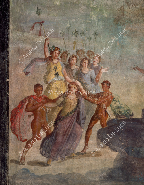 Haus des Julius Polybius. Triclinium. Fresko mit Entführung der Dirce. Ausschnitt