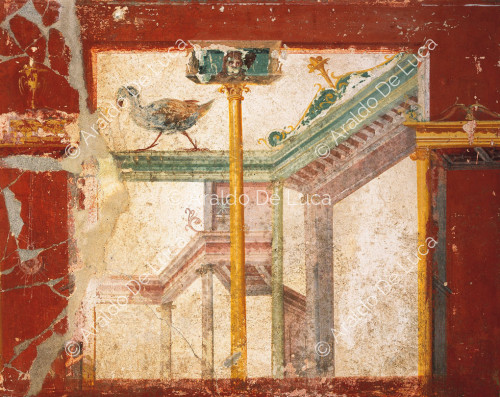 House of Julius Polybius. Cubicle of Mars and Venus. Fresco with architectural motif