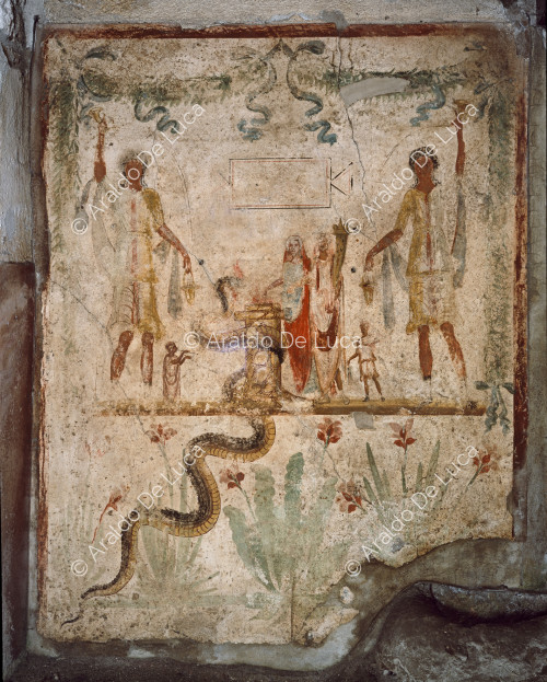 Maison de Julius Polybius. Lararium. Fresque avec Larii