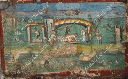 Haus der Ephebe. Sommerliches Triclinium. Fresko mit erotischer Szene